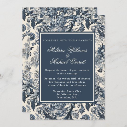 ヴィンテージエレガントブルーフローラトイレフルーリ結婚ーズ 招待状 (正面/裏面)