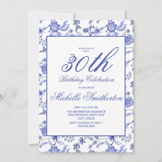 ヴィンテージエレガントブルーフローラ30歳の誕生日の女性 招待状 (正面)