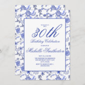 ヴィンテージエレガントブルーフローラ30歳の誕生日の女性 招待状 (正面/裏面)