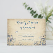 ヴィンテージエレガントブルーフローリッシュウェディングRSVPカード 出欠カード (スタンド正面)