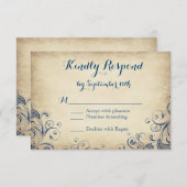 ヴィンテージエレガントブルーフローリッシュウェディングRSVPカード 出欠カード (正面/裏面)
