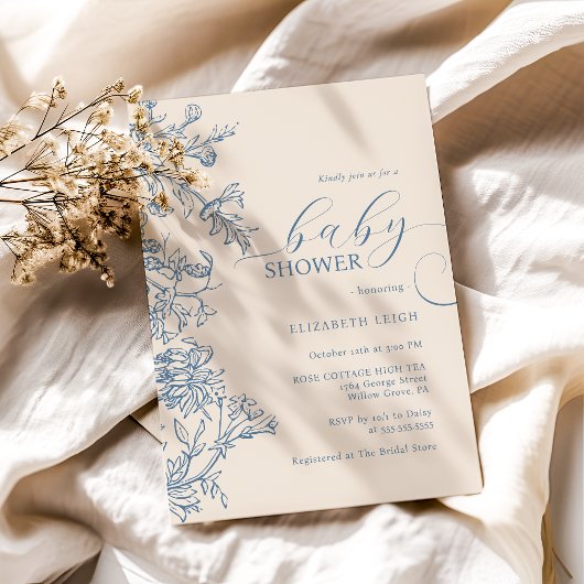 ヴィンテージエレガントブルーベージュベビーシャワー 招待状