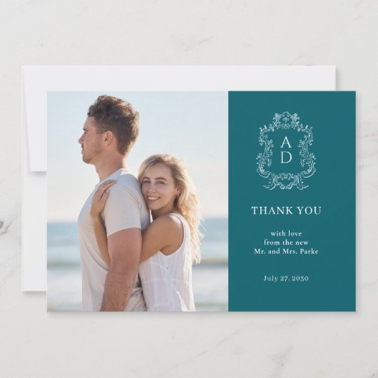 ヴィンテージエレガントブルーモルデン二つの写結婚真 サンキューカード (正面)
