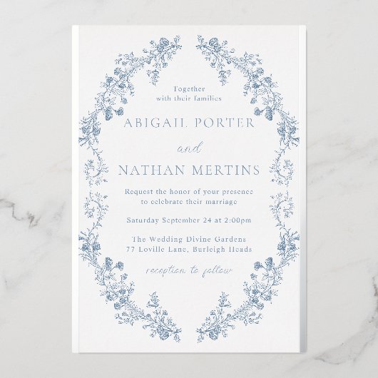 ヴィンテージエレガントブルー&シルバー結婚ズ 箔招待状 (正面)