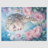 ヴィンテージエレガントブロンドの女性はピンク色の牡丹を見すぼらしい 薄葉紙 (正面)