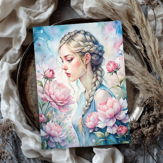 ヴィンテージエレガントブロンドの女性はピンク色の牡丹を見すぼらしい 薄葉紙