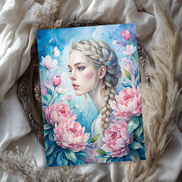 ヴィンテージエレガントブロンドの女性はピンク色の牡丹を見すぼらしい 薄葉紙