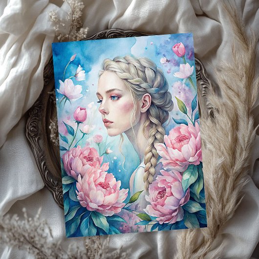 ヴィンテージエレガントブロンドの女性はピンク色の牡丹を見すぼらしい 薄葉紙