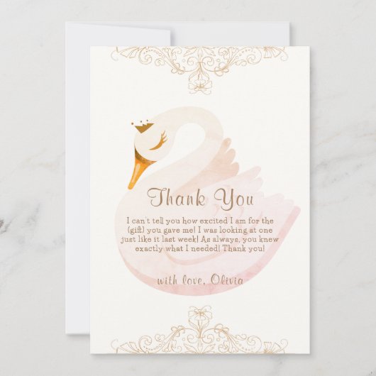 ヴィンテージエレガントプリンセススワンガールベビーシャワー サンキューカード (正面)