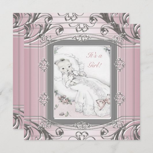 ヴィンテージエレガントベビーガールシャワー招待状 招待状 (正面/裏面)