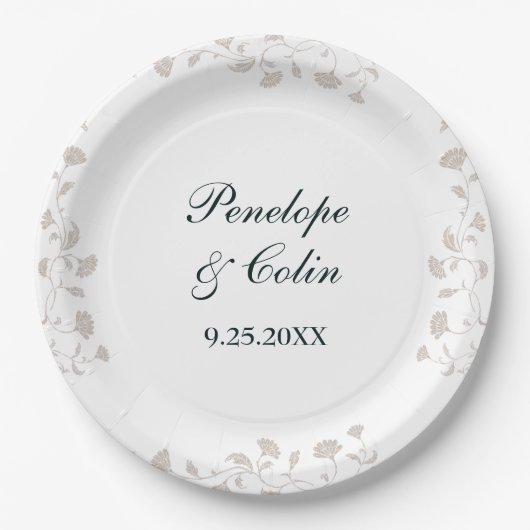 ヴィンテージエレガントベージュ新郎新婦の名結婚前 ペーパープレート (正面)
