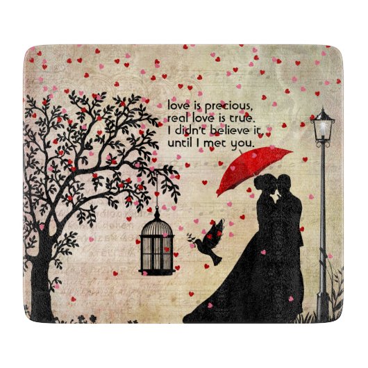 ヴィンテージエレガントベージュ&ブラックポエトリーバレンタイン カッティングボード (正面)