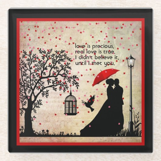 ヴィンテージエレガントベージュ&ブラックポエトリーバレンタイン ガラスコースター (正面)