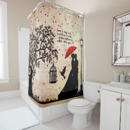 ヴィンテージエレガントベージュ&ブラックポエトリーバレンタイン シャワーカーテン