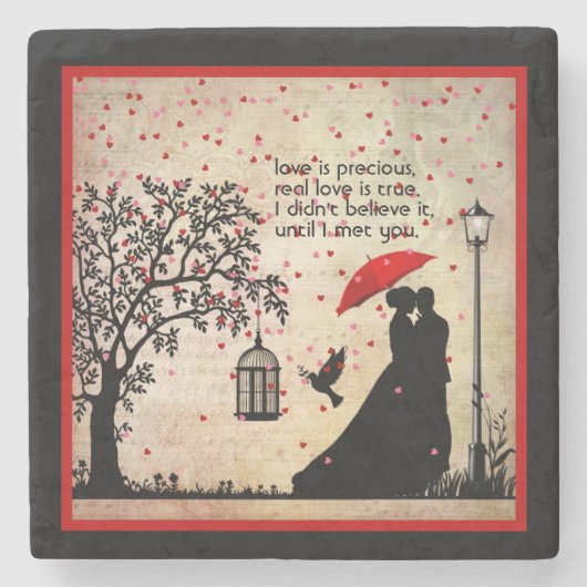ヴィンテージエレガントベージュ&ブラックポエトリーバレンタイン ストーンコースター (正面)