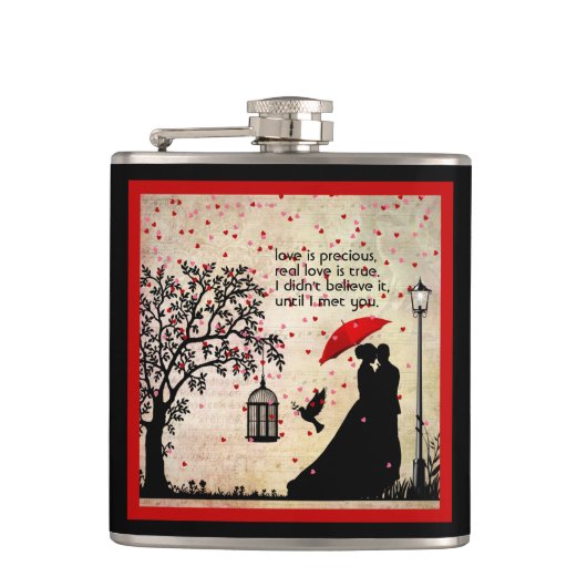 ヴィンテージエレガントベージュ&ブラックポエトリーバレンタイン フラスク (正面)