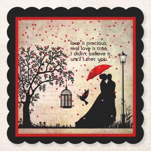 ヴィンテージエレガントベージュ&ブラックポエトリーバレンタイン ペーパーコースター (正面)