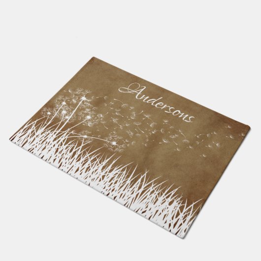 ヴィンテージエレガントホワイトアウトライン風のタンポポ ドアマット (アングル)