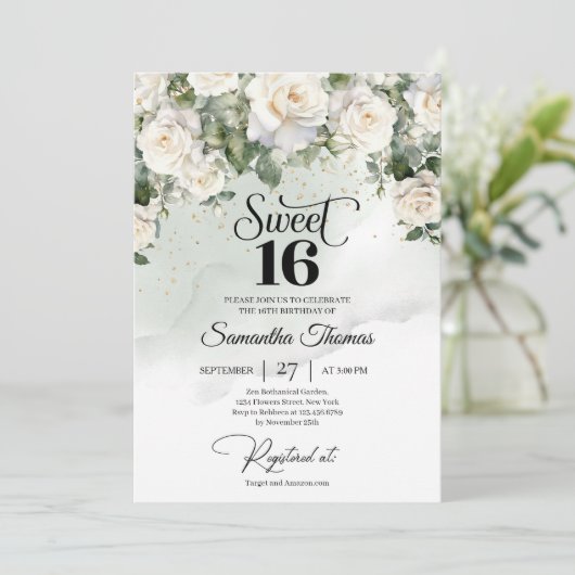 ヴィンテージエレガントホワイトローズフローラガーデンユニーク 招待状 (スタンド正面)