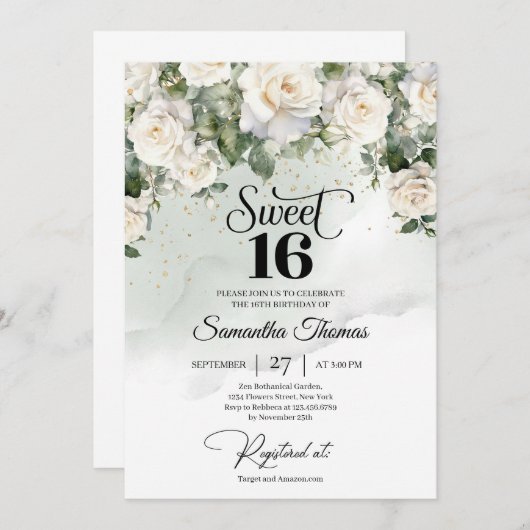 ヴィンテージエレガントホワイトローズフローラガーデンユニーク 招待状 (正面/裏面)