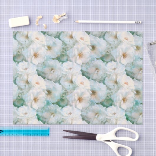 ヴィンテージエレガントホワイトローズフローラ植物繰り返し 薄葉紙 (クラフト)