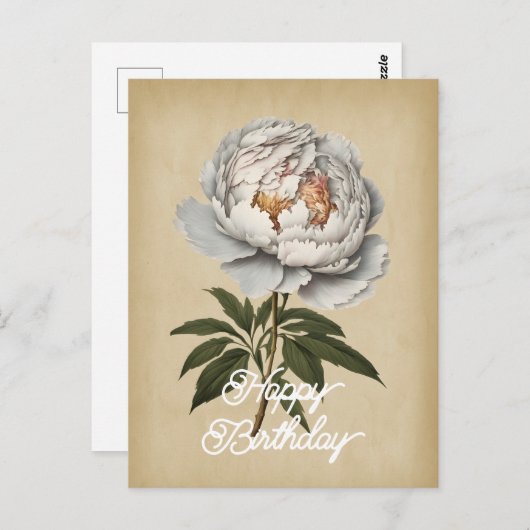 ヴィンテージエレガントホワイト牡丹フラワーハッピーバースデー ポストカード (正面/裏面)