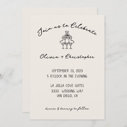 ヴィンテージエレガントボウシャンパン結婚式招待状 招待状 (正面/裏面)