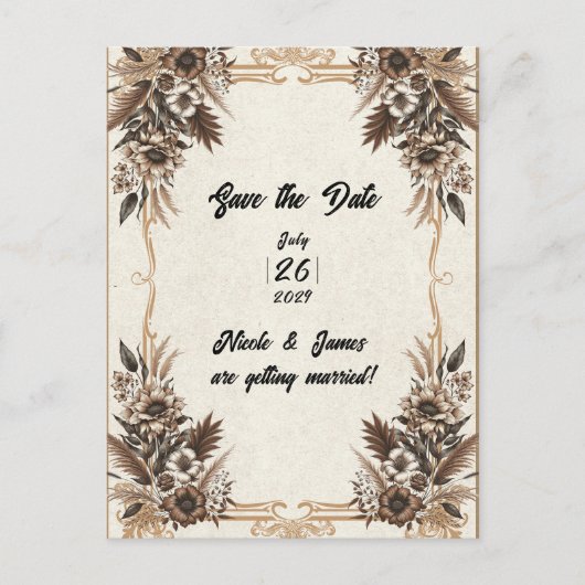 ヴィンテージエレガントボヘミ結婚アフローラ救の日付 案内ポストカード (正面)