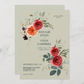 ヴィンテージエレガントボホレッドオレンジグレイ結婚ズ 招待状 (正面/裏面)