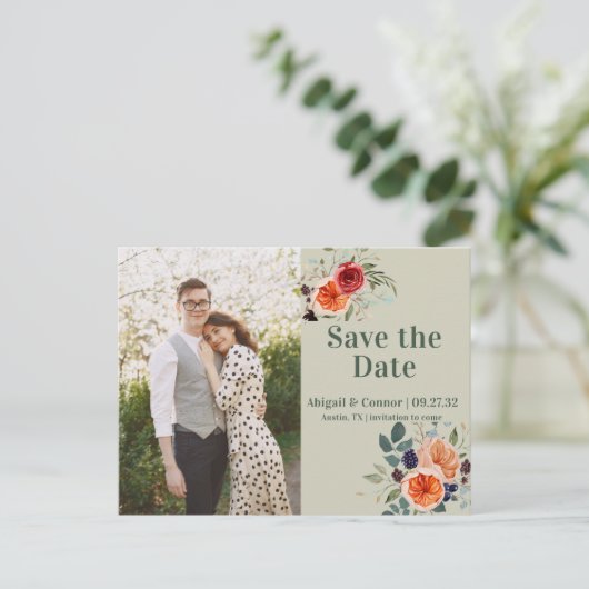 ヴィンテージエレガントボホレッドオレンジグレー日付を保存 案内ポストカード (スタンド正面)