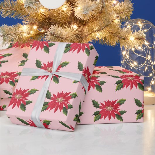 ヴィンテージエレガントポインセチアのクリスマスフラワーピンク ラッピングペーパー (クリスマス)