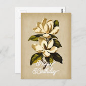 ヴィンテージエレガントマグノリアフラワーハッピーバースデー ポストカード (正面/裏面)