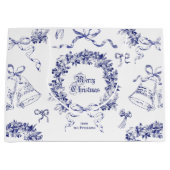 ヴィンテージエレガントメリークリスマスブルーリースボウ ラージペーパーバッグ (正面)