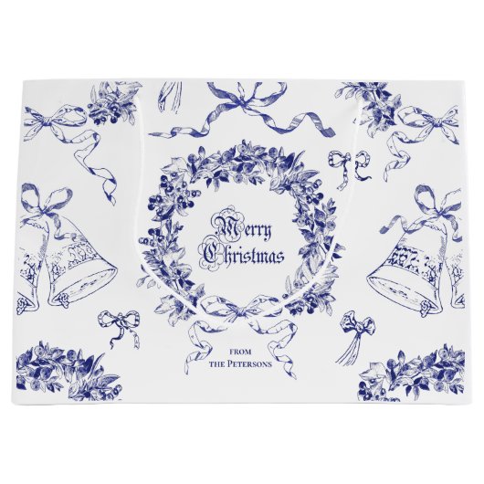 ヴィンテージエレガントメリークリスマスブルーリースボウ ラージペーパーバッグ (正面)