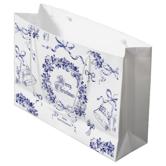 ヴィンテージエレガントメリークリスマスブルーリースボウ ラージペーパーバッグ (正面アングル)