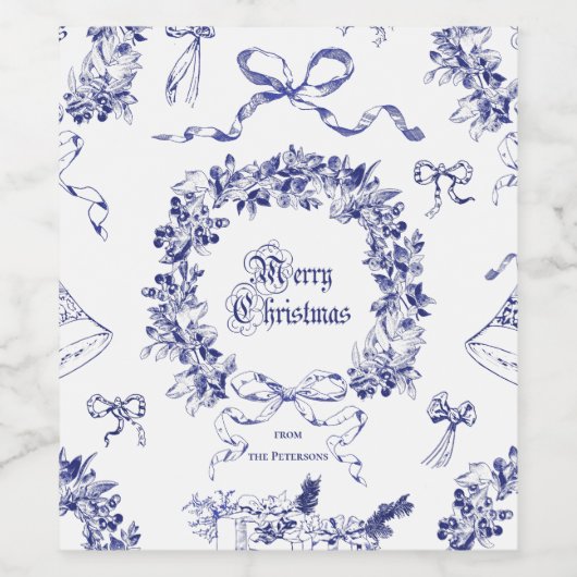 ヴィンテージエレガントメリークリスマスブルーリースボウ ワインラベル (シングルラベル)