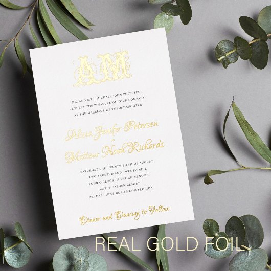 ヴィンテージエレガントモノグラム高級金ゴールドホイル結婚ス 箔招待状
