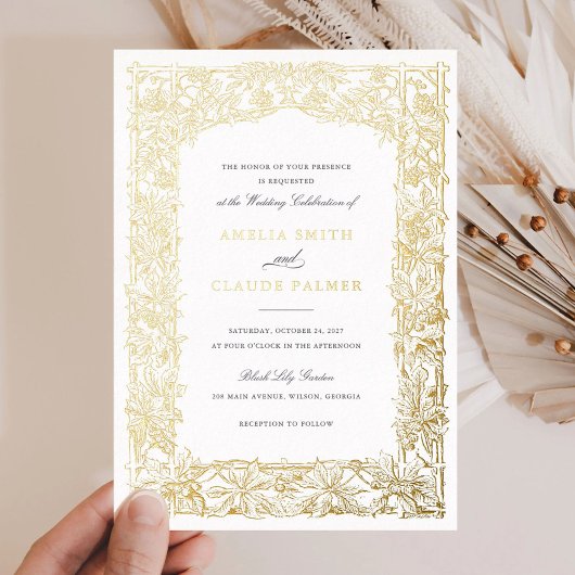 ヴィンテージエレガントリーフつる植物フレームゴールドフォイル結婚ズ 箔招待状
