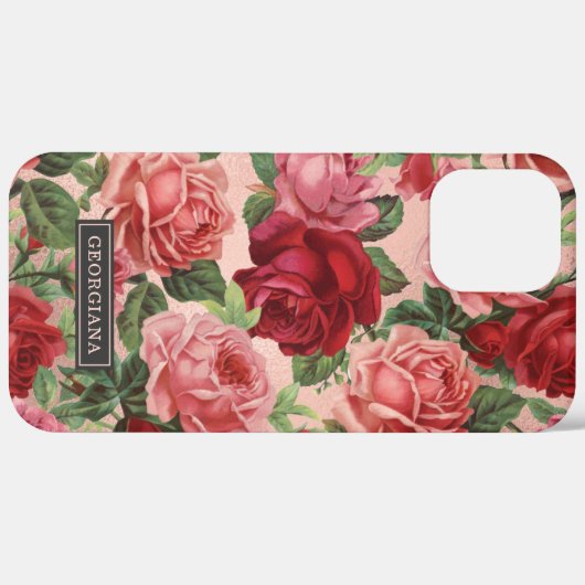 ヴィンテージエレガントレッドピンクローズフローラ名前をカスタムする Case-Mate iPhoneケース (裏面 / 右)