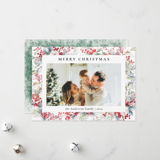 ヴィンテージエレガントレッドベリーメリークリスマスフォト シーズンカード (正面/裏面インサイチュ)