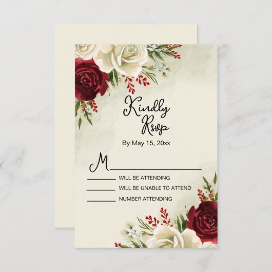 ヴィンテージエレガントレッドホワイトローズウェディングRSVPカード 出欠カード (正面/裏面)