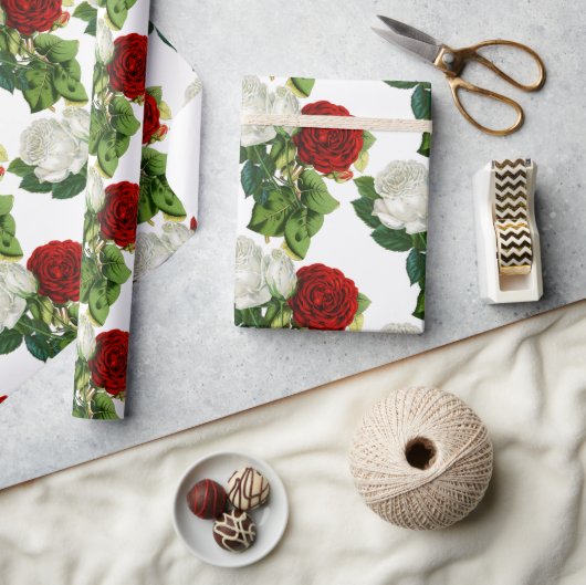 ヴィンテージエレガントレッドホワイトローズフローラ結婚ズ ラッピングペーパー (クラフト)