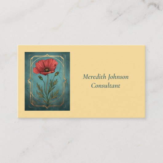 ヴィンテージエレガントレッドポピーとティール（緑がかった色）グリーンフローラ 名刺 (正面)
