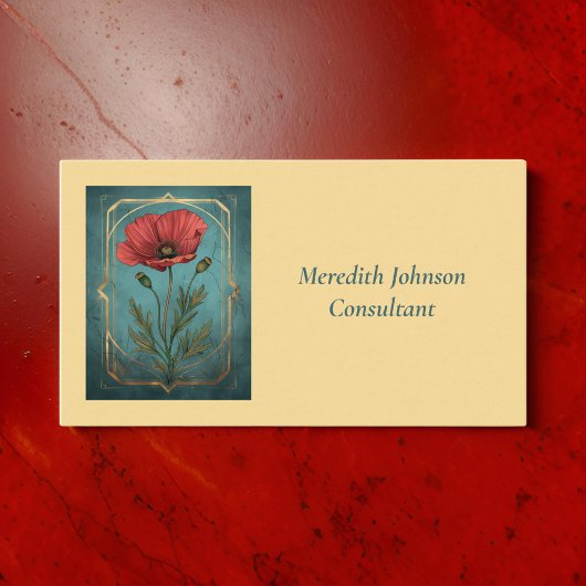 ヴィンテージエレガントレッドポピーとティール（緑がかった色）グリーンフローラ 名刺