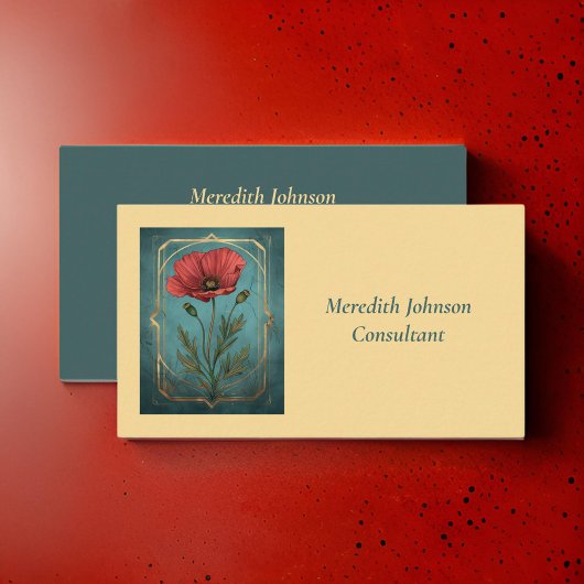 ヴィンテージエレガントレッドポピーとティール（緑がかった色）グリーンフローラ 名刺