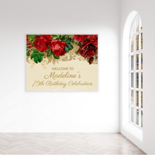 ヴィンテージエレガントレッドローズタン75th任意の年齢誕生日 ポスター