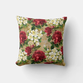ヴィンテージエレガントレッドローゼスホワイトフローラブラウン クッション