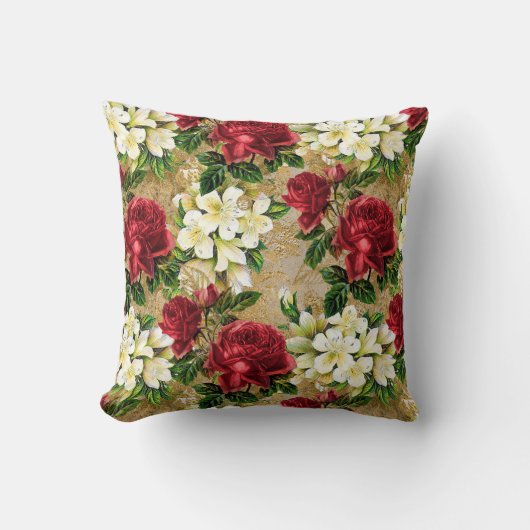 ヴィンテージエレガントレッドローゼスホワイトフローラブラウン クッション (正面)