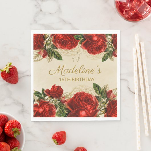 ヴィンテージエレガントレッドローゼス16誕生日 スタンダードランチョンナプキン (インサイチュ)
