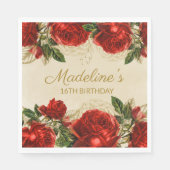ヴィンテージエレガントレッドローゼス16誕生日 スタンダードランチョンナプキン (正面)
